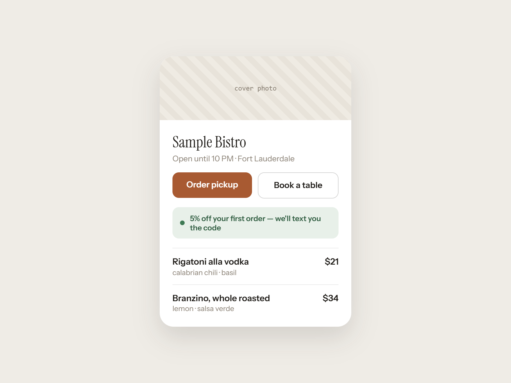 TableHub diner-facing mobile menu for Sample Bistro with pickup and booking CTAs, a 5% first-order offer, and categorized menu items.