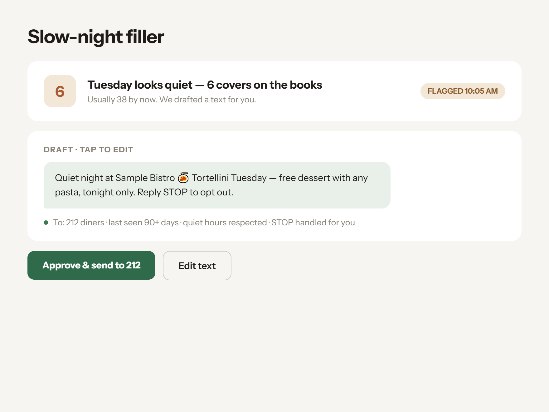 TableHub offer composer prompting to send a free-tiramisu Tuesday blast to 214 lapsed diners.