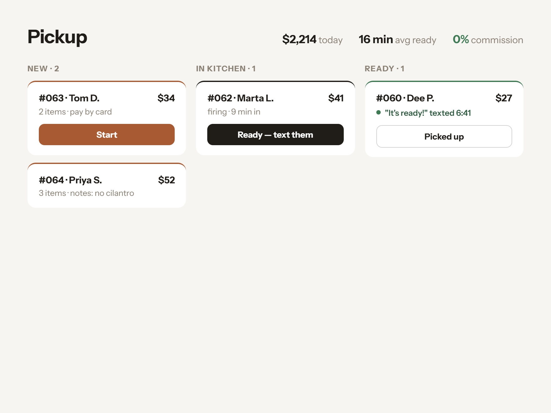 TableHub pickup screen with orders queued by status, prep timer, and revenue counter.