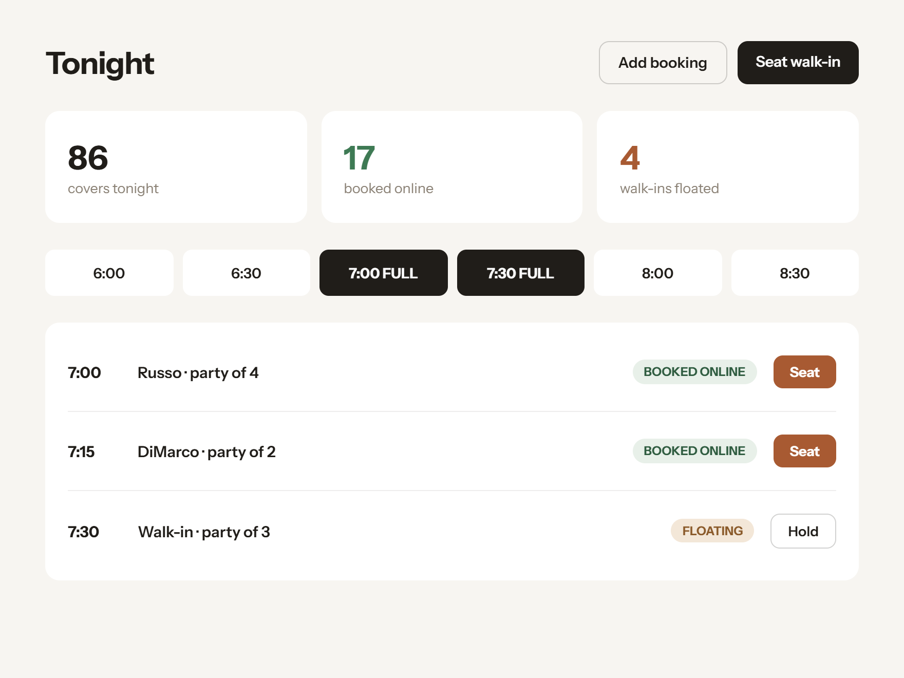 TableHub bookings dashboard showing 86 covers tonight, online availability grid, and tonight's reservations.
